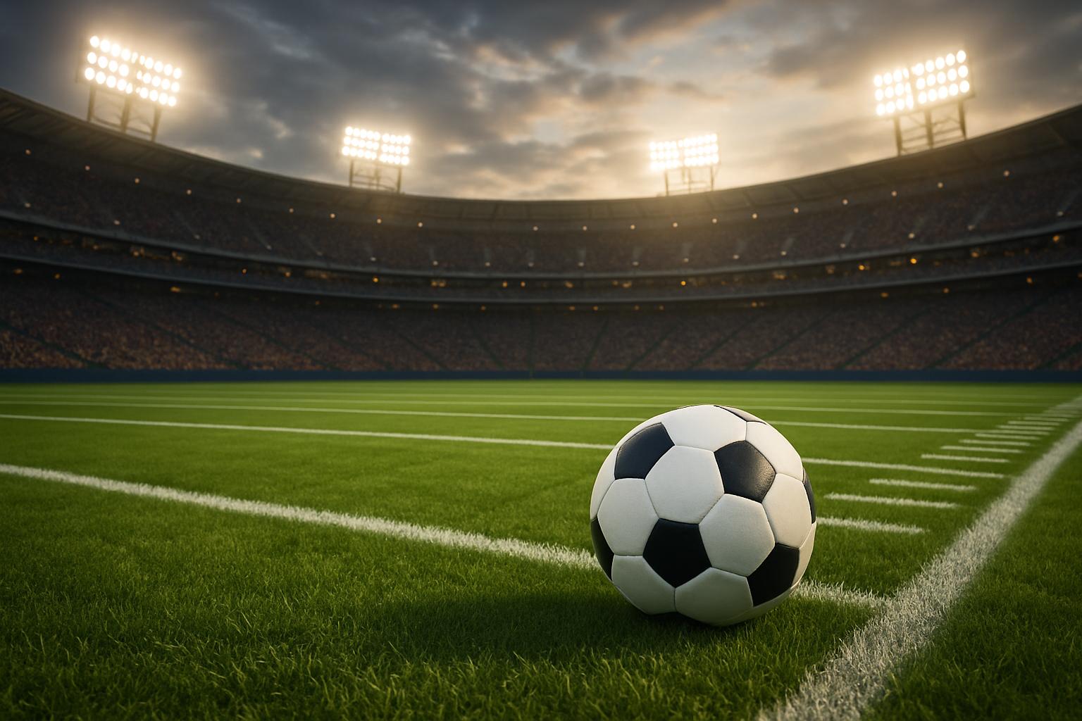 Football stadium with ball on pitch